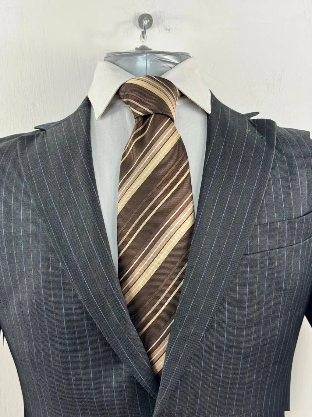 Completo Uomo paoloni Blu Gessato lana Vergine Super 120 Taglia 46 elegante (AP43)