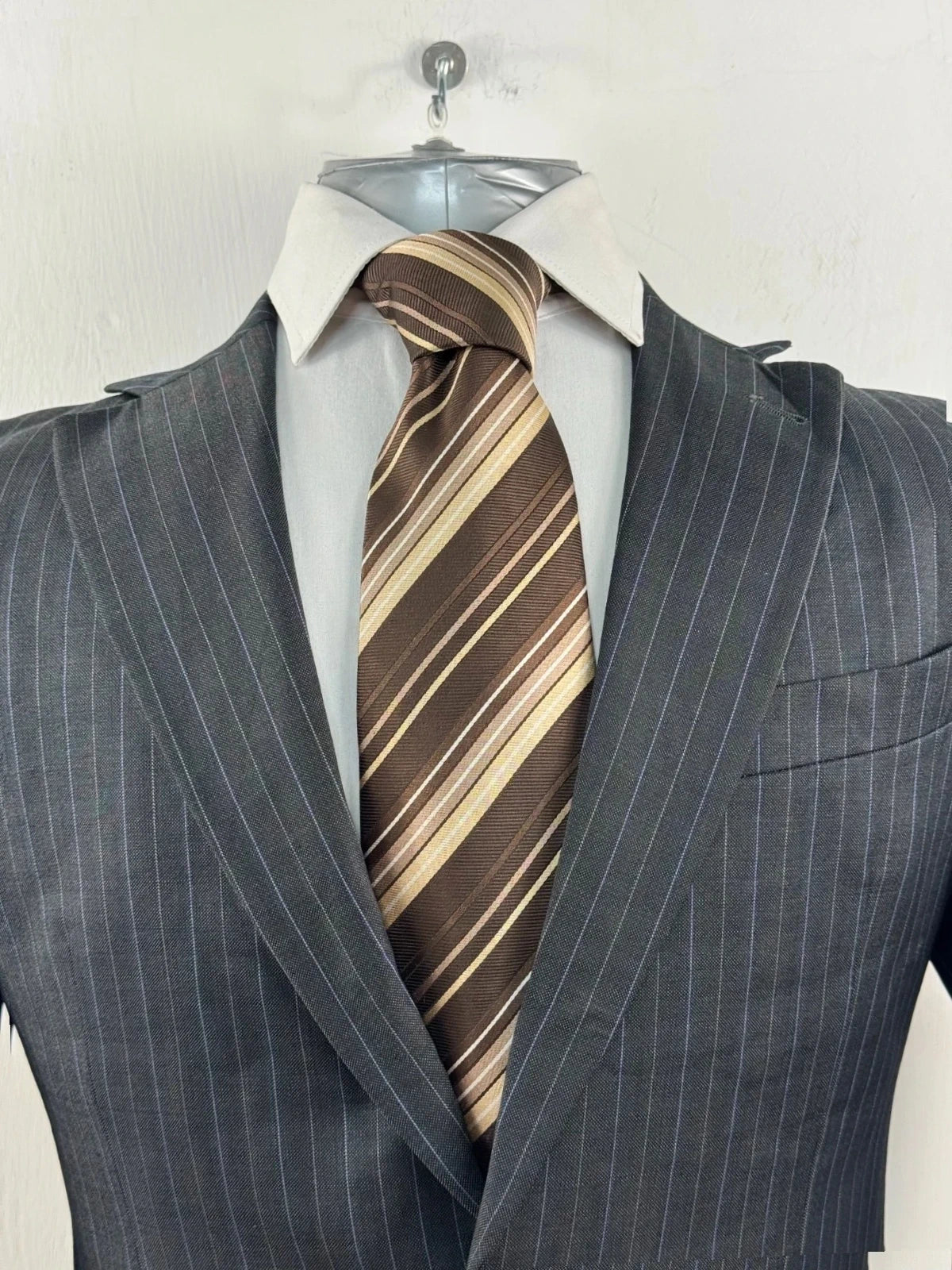 Completo Uomo paoloni Blu Gessato lana Vergine Super 120 Taglia 46 elegante (AP43)