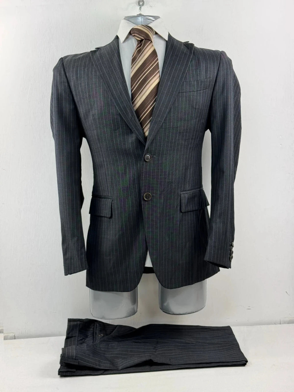 Completo Uomo paoloni Blu Gessato lana Vergine Super 120 Taglia 46 elegante (AP43)