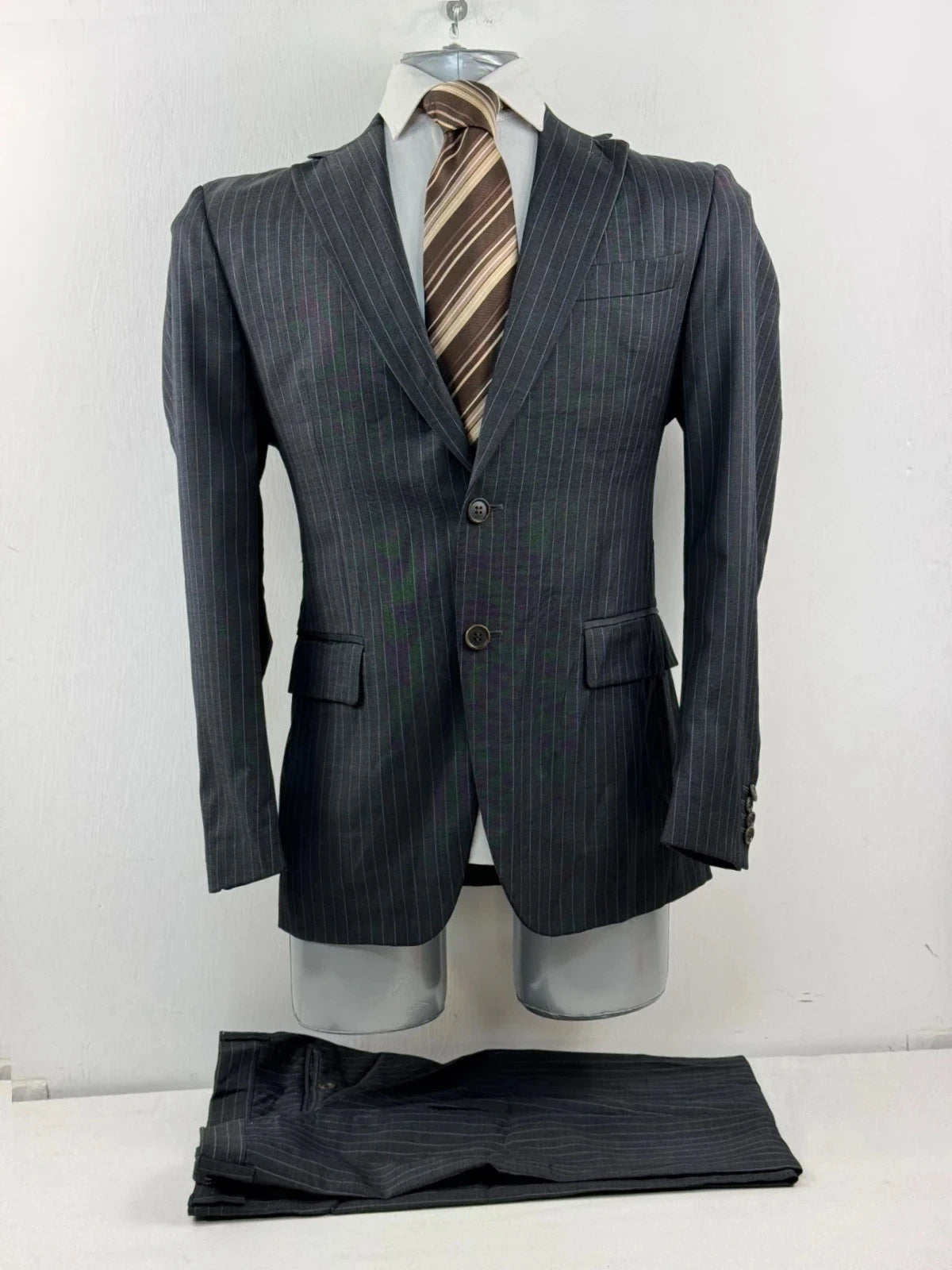 Completo Uomo paoloni Blu Gessato lana Vergine Super 120 Taglia 46 elegante (AP43)