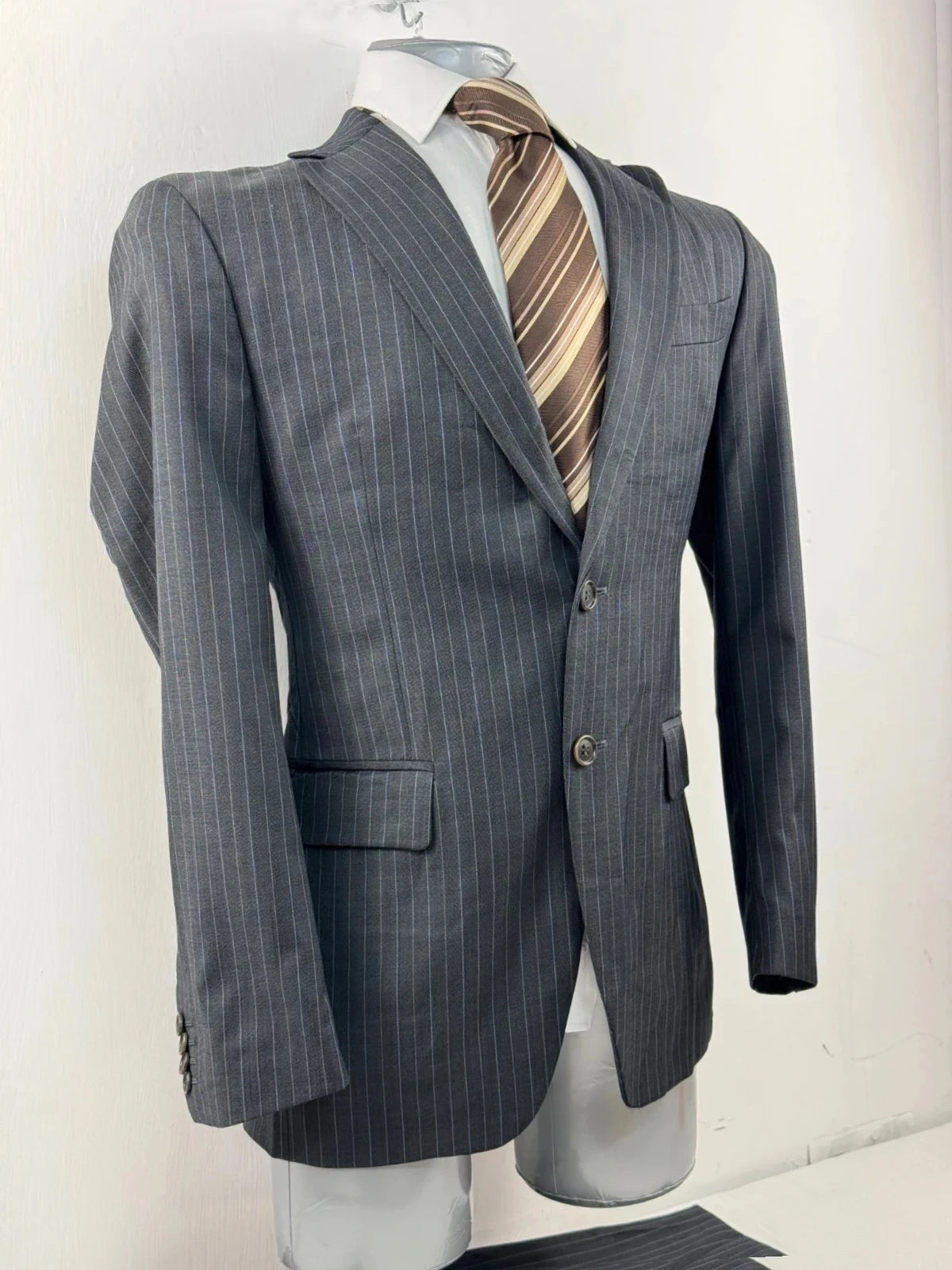 Completo Uomo paoloni Blu Gessato lana Vergine Super 120 Taglia 46 elegante (AP43)