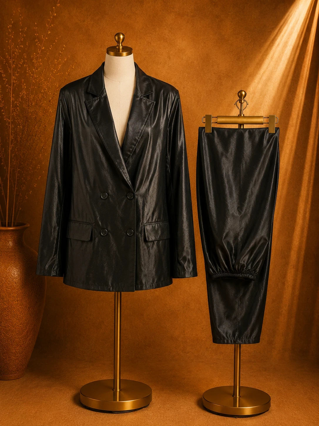 Tailleur Donna Nero Satinato Taglia M/L Blazer Doppiopetto e Pantalone Elegante Lucido (MP19)