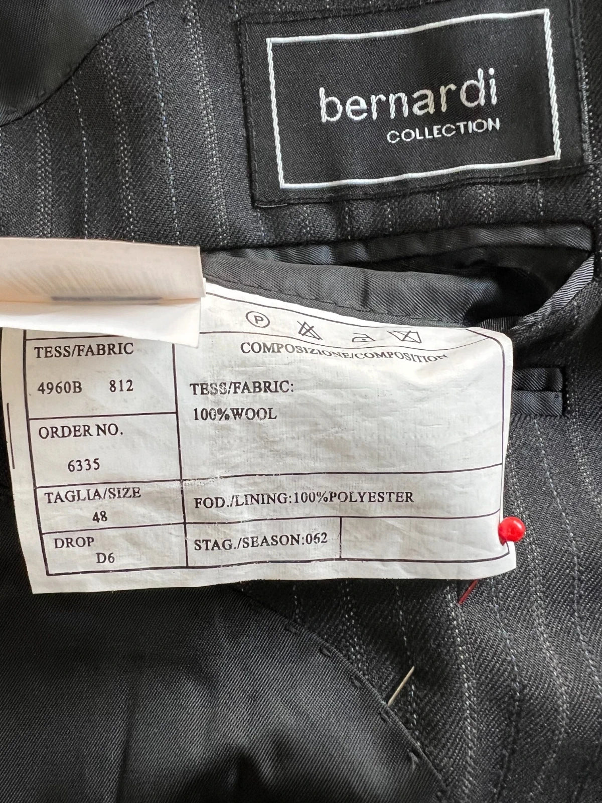 Abito Uomo Bernardi Collection Super 100’s Lana Gessato Taglia 48 (MA42)