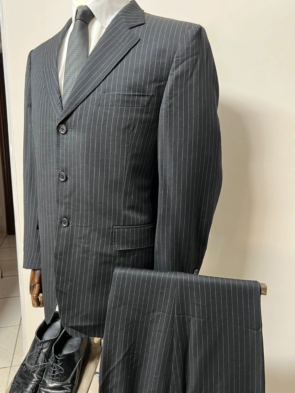 Abito Uomo Studio Milano Facis Extra Fine Lana Merino Gessato Nero Taglia 54 (MA47)