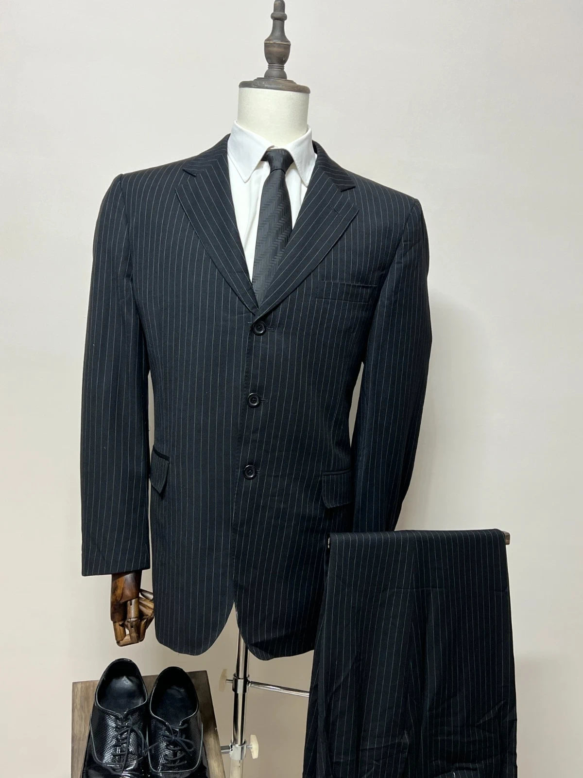 Abito Uomo Studio Milano Facis Extra Fine Lana Merino Gessato Nero Taglia 54 (MA47)
