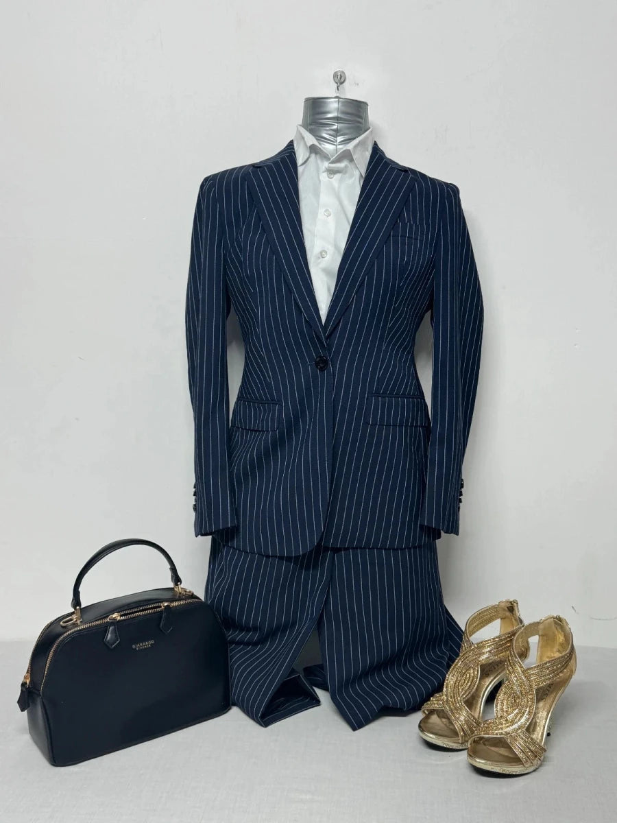 Completo Donna Suitstudio Lana Cerruti Gessato Blu Elegante Taglia M 42 (T15) - TheNewElegance