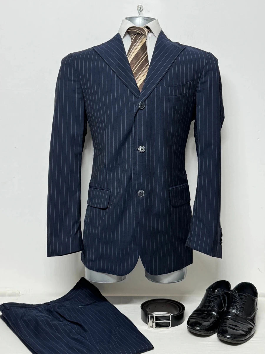 Completo Uomo Lardini Blu Gessato Tasmania 100% Lana Made in Italy Taglia 48 - TheNewElegance